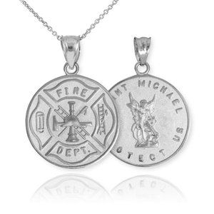 White Gold Firefighter Badge St Michael Necklace